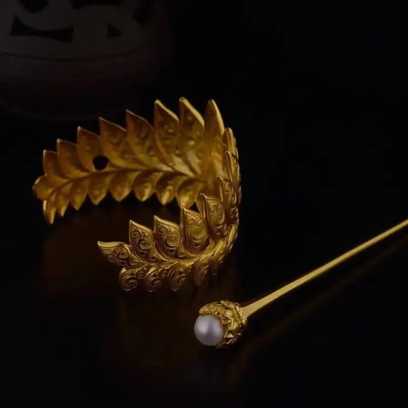 

Корона для волос лотоса из чистой меди, древняя медь, позолоченная заколка для волос, обертка ветки, аксессуары для волос для мальчиков в Po Tail