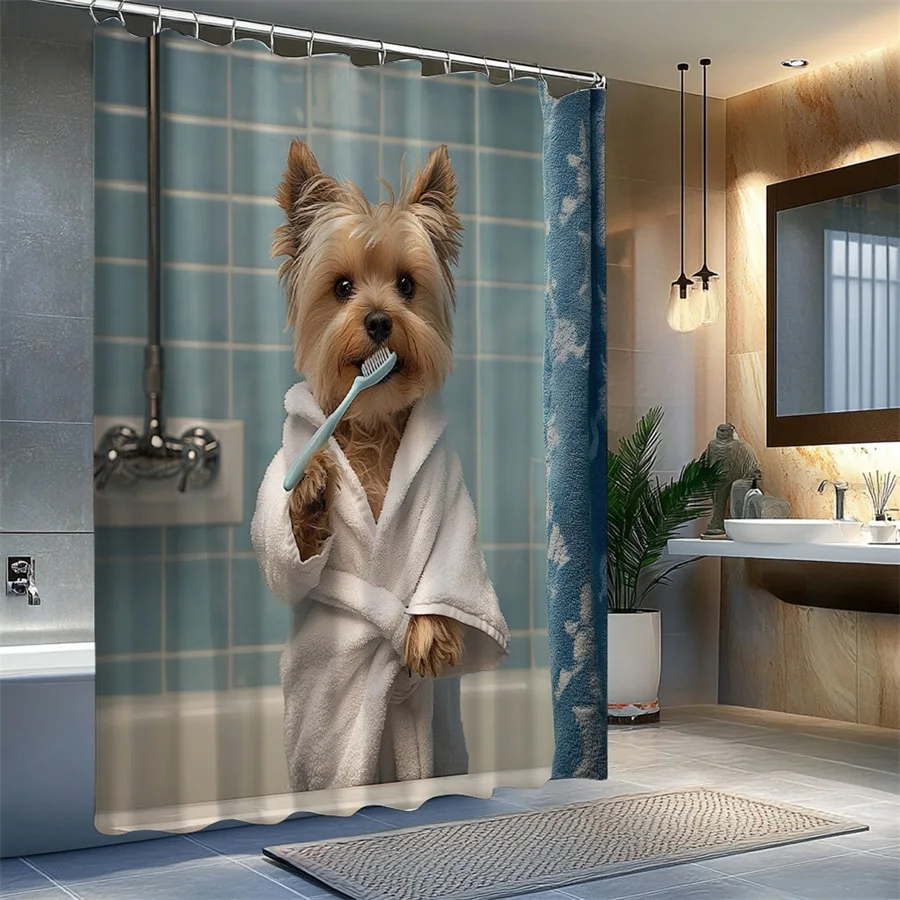 1pc Yorkshire Terrier Puppy with Towel in Bathtub Shower Curtain, Playful Photograph with Cozy Bathroom Atmosphere, Cute Pet Bat