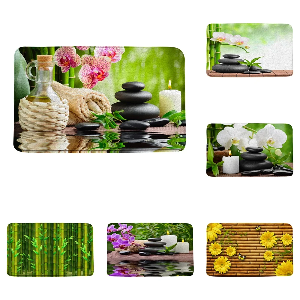 

Spa Bath Mats Exotic Bamboo Stalks Candle Zen Stone Floral Bathroom Rugs Flannel Floor Carpets Entrance Doormat Non Slip Backing