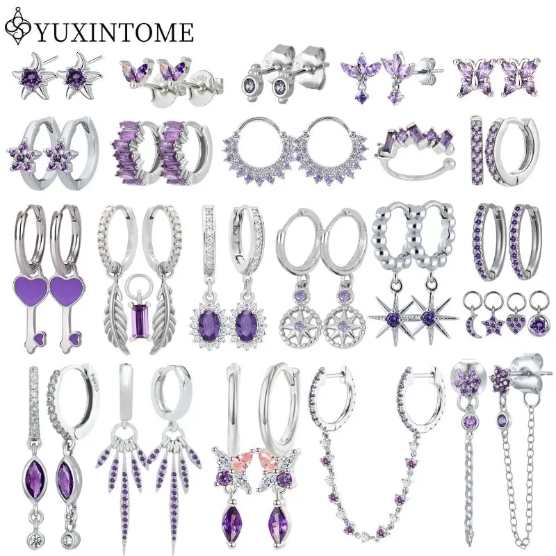 925 Sterling Silver Ear Needle Purple Zircon Crystal Earrings Geometric Pendant Hoop Earrings Luksusowa moda Biżuteria ślubna