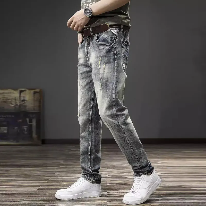 الشارع مصمم أزياء الرجال الجينز الرجعية غسلها تمتد سليم صالح ممزق الجينز الرجال Y2K التطريز خمر الدنيم السراويل Hombre