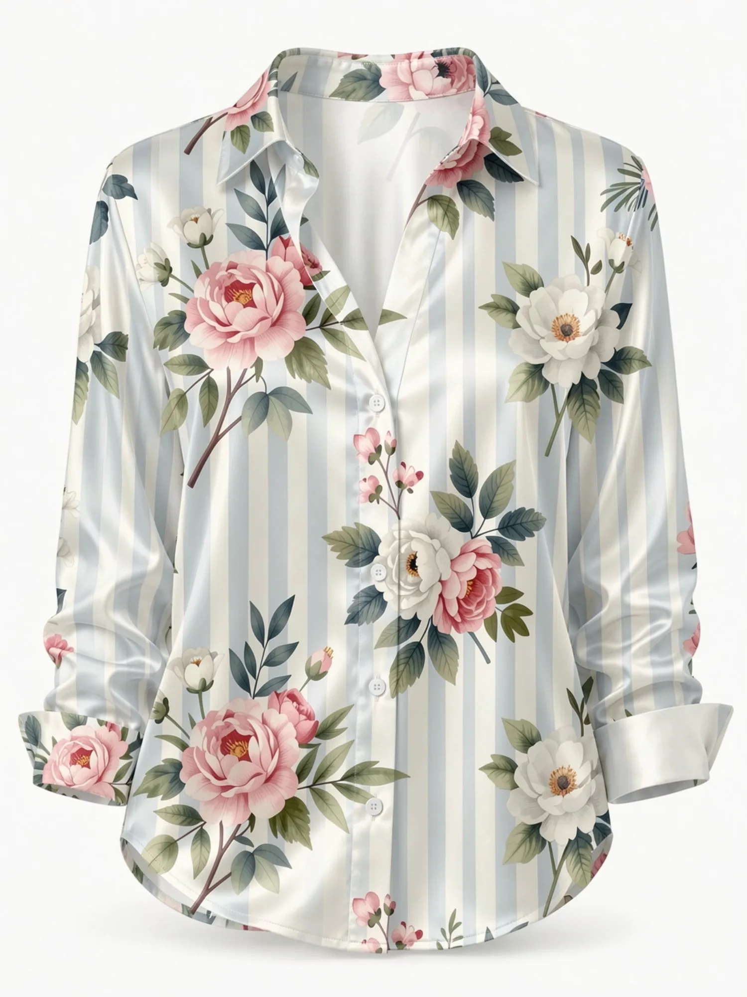 Light Blue Stripe Peony Satin Blouse for Women Long Sleeve Button Down Shirt Elegant Garden Cafe Vacation Silky Top