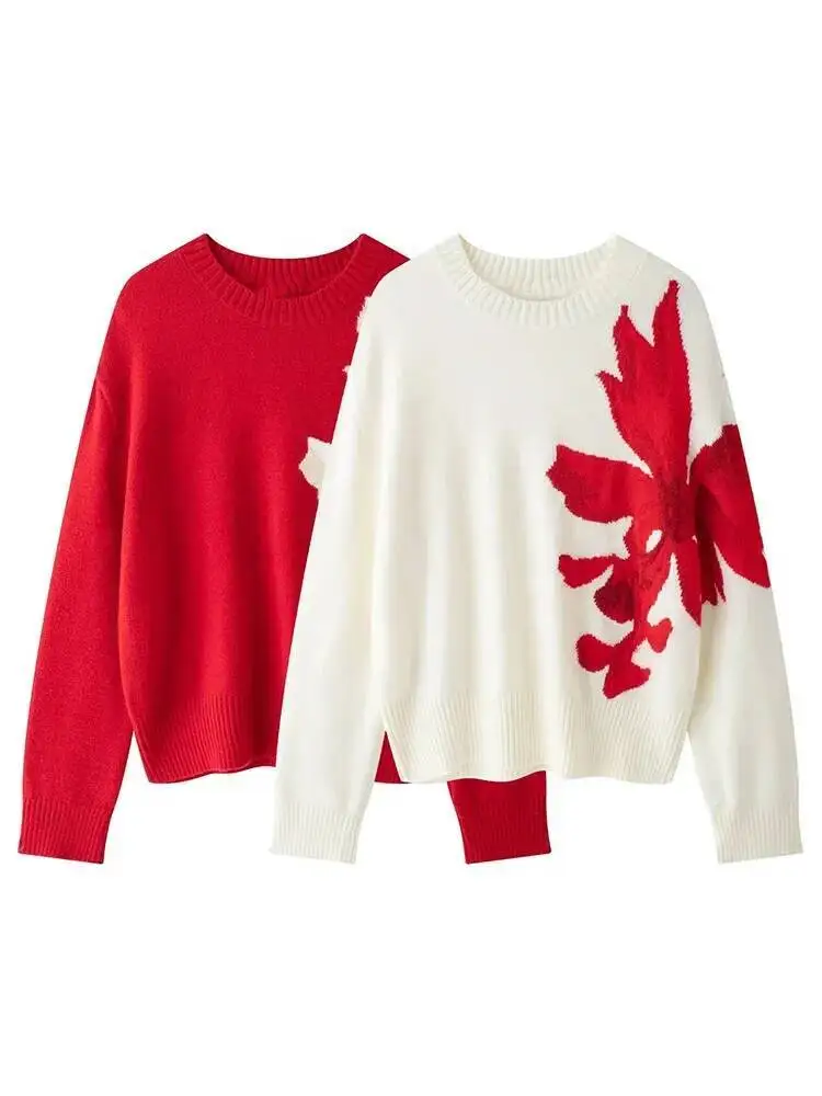 2025 Women Fashion Embroidery Pullover Knitted Sweater Vintage O-Neck Long Sleeves Female Chic Lady Tops