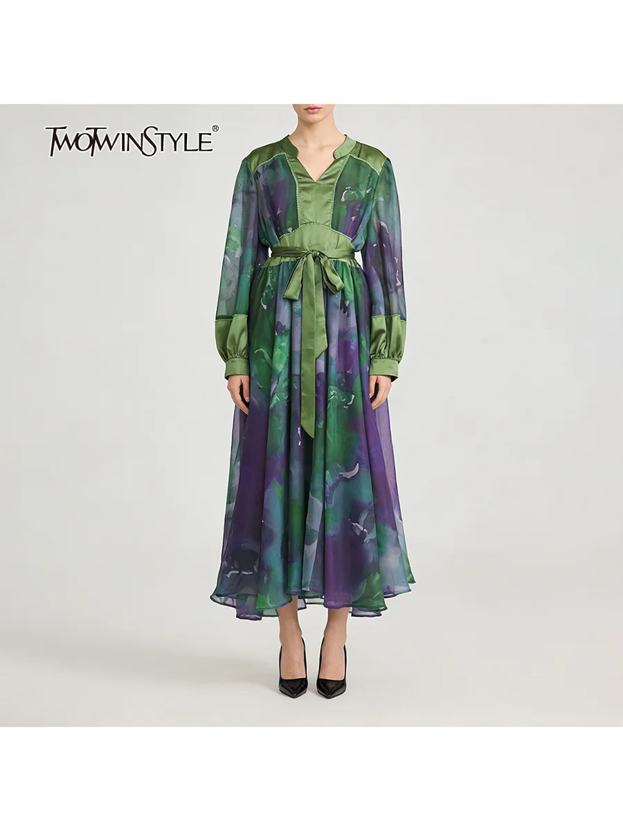 

TWOTWINSTYLE хитовые повседневные платья на шнуровке с цветным принтом для женщин, модное платье с v-образным вырезом и длинными рукавами и высокой талией, женское новое