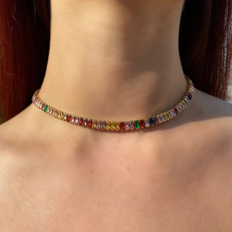 Wide CZ Tennis Choker Necklaces Women Luxury Iced Out Rainbow Cubic Zirconia Gold Color Crystal Chain Female Jewelry on The Neck