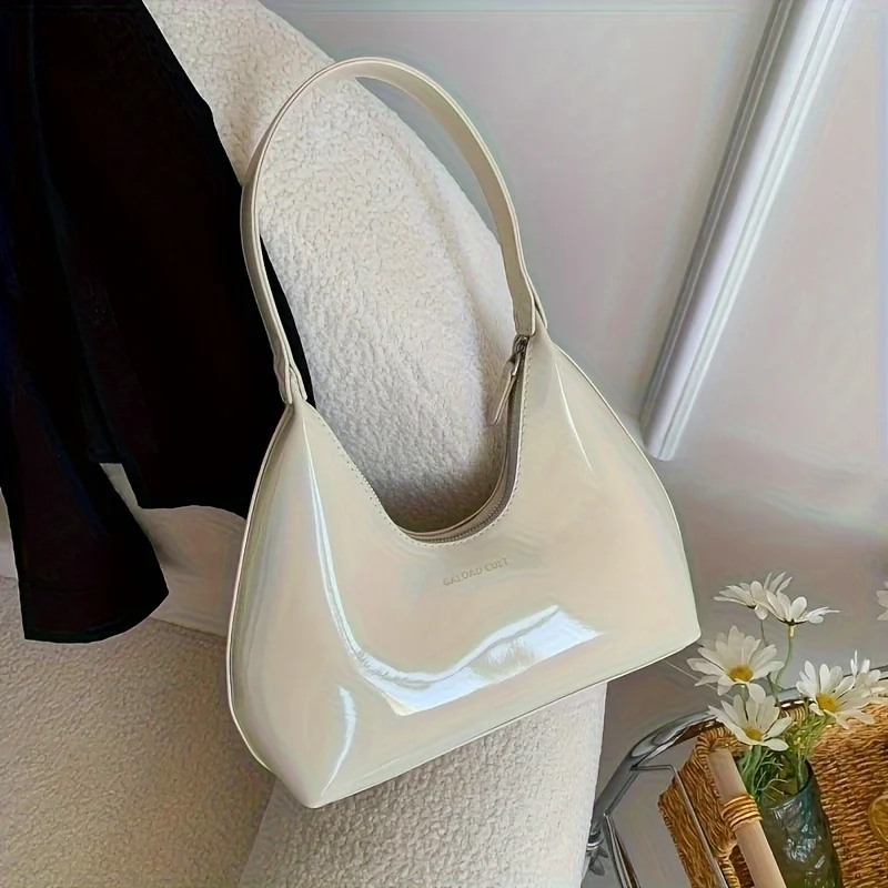 

Women's Synthetic Leather Shoulder Bag - Glossy Zipper Closure, Multifunctional Crossbody/Handheld Dual Use, White/Red/Brown