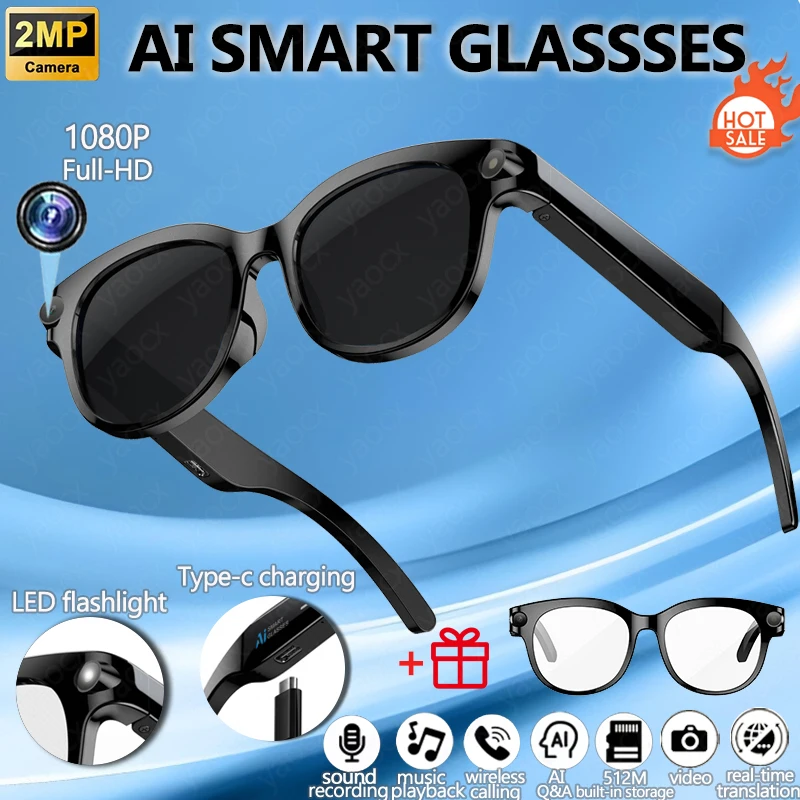 

2026 New Al Smart Glasses 200w HD LED Video Recording AI Translation Photo Recognition Music Playback BT Call Smart Glasses