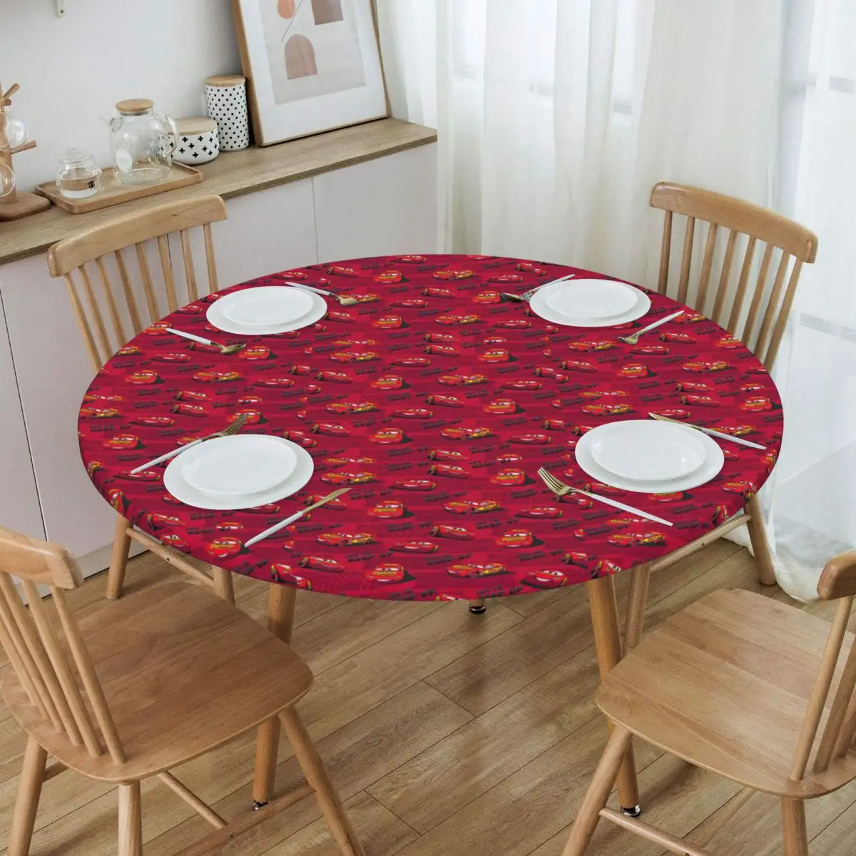 Round Waterproof Oil-Proof Lightning McQueen Tablecloth Backing Elastic Edge Table Cover 45