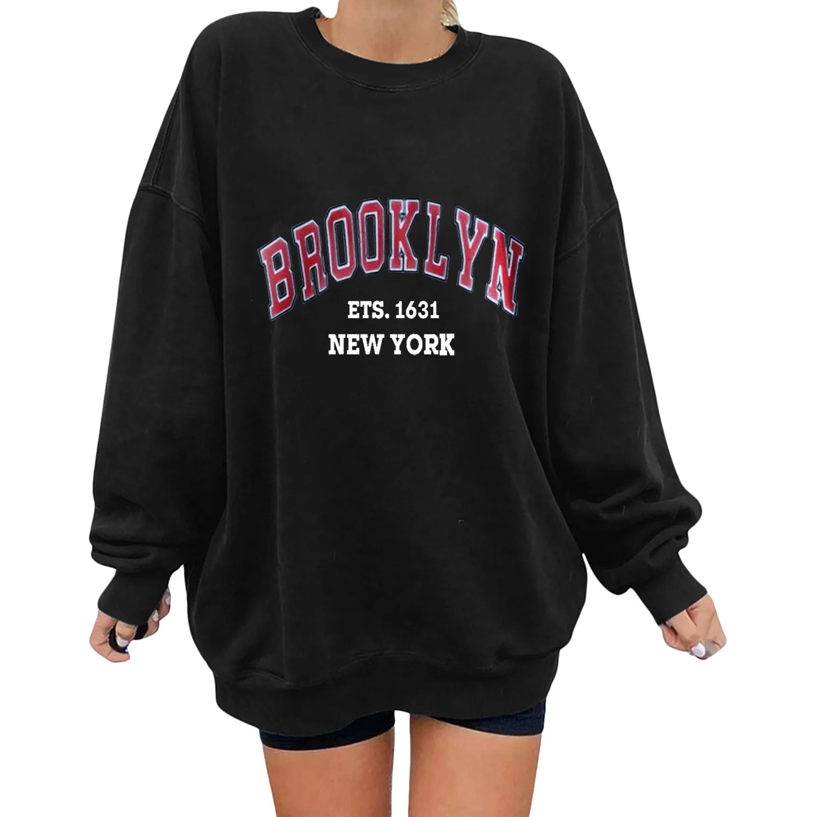 

Women Letter Printed Sweatshirt Loose Sport Hoodie Daily Crew Neck Clothing Casual Long-Sleeve Pullover European American Style