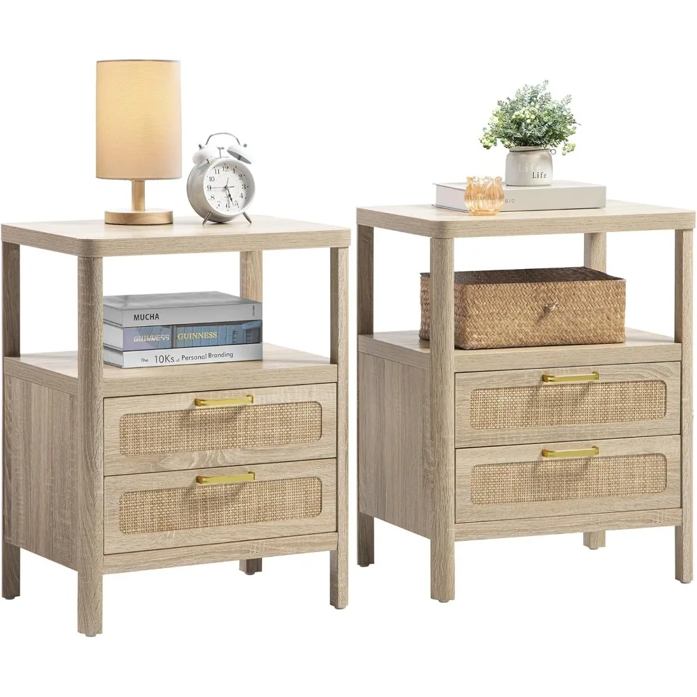 Rattan Nightstands Set of 2 - Bedside Tables with 2 PE Rattan Drawers, Night Stand with Open Wood Shelf, Farmhouse Bed Table