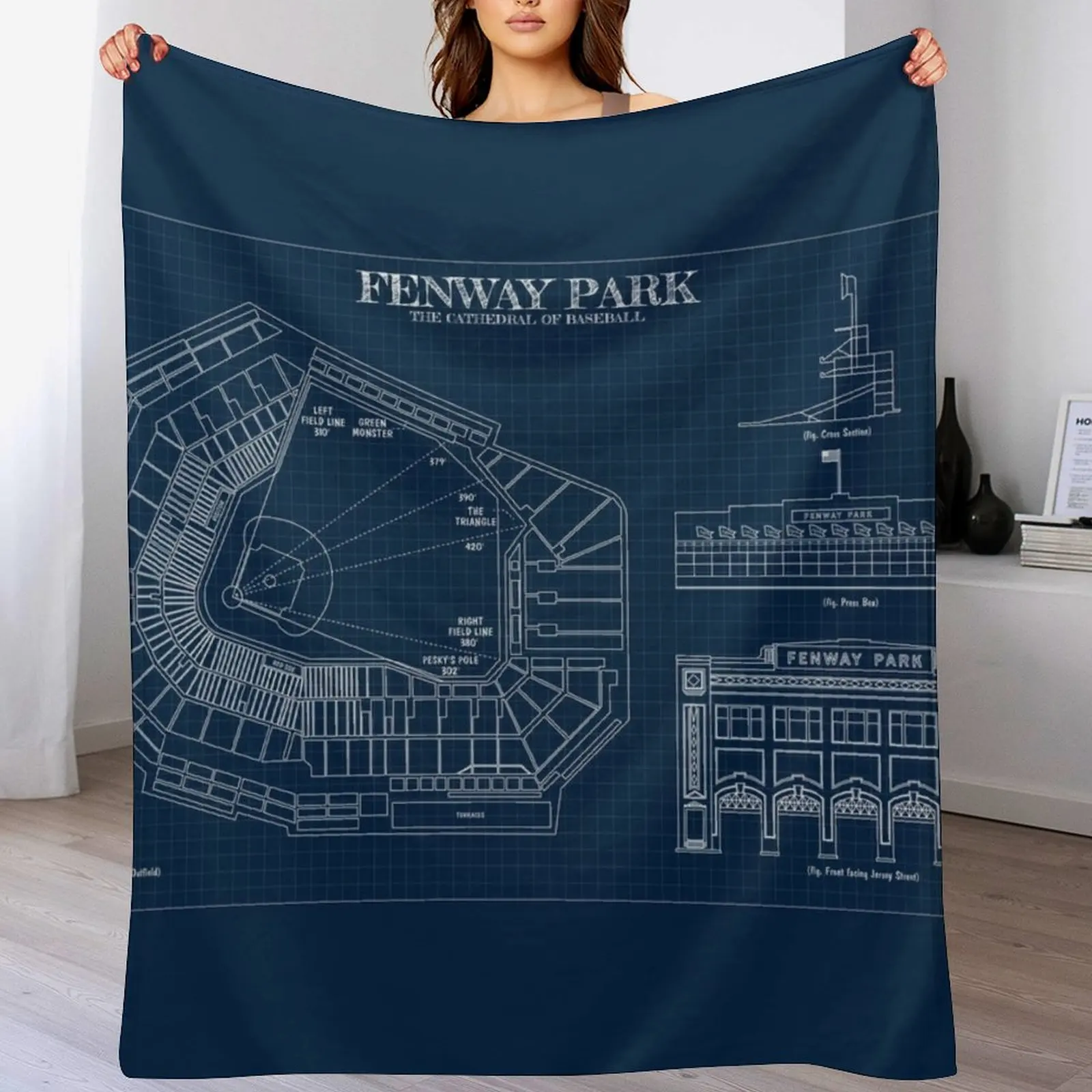 Fenway Park. The Cathedral of Baseball (Navy Blueprint) Throw Blanket Decorative Throw Soft Beds Blankets