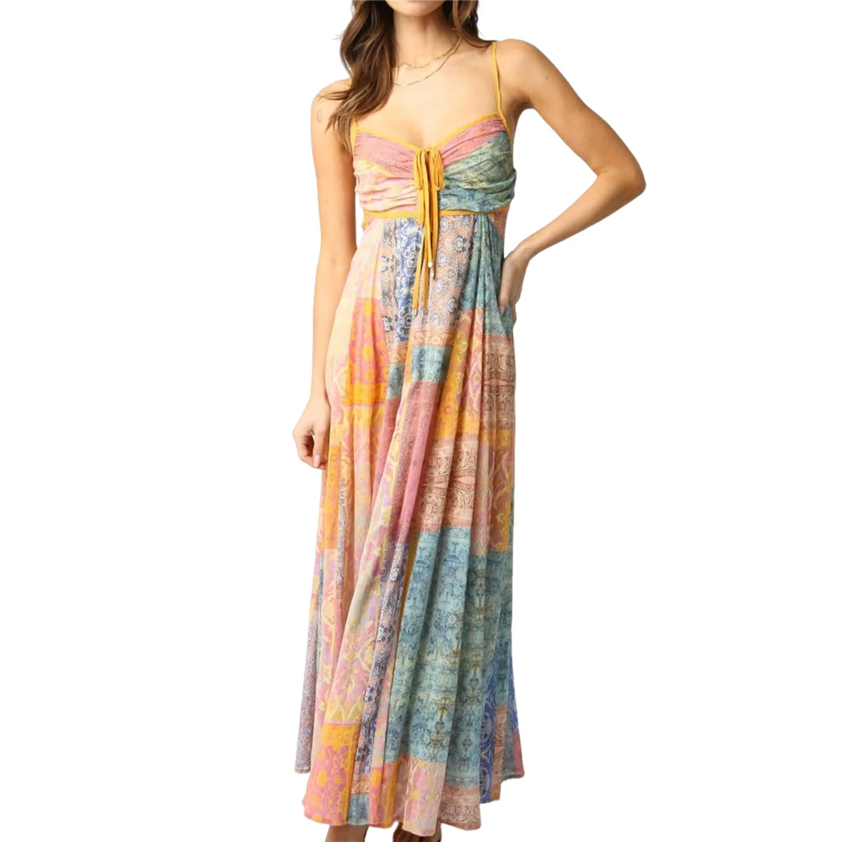 【】Women Floral Smocked Maxi Dress Bow-Knot Spaghetti Straps Midi Sun Dress Boho Casual Beach Long Dresse