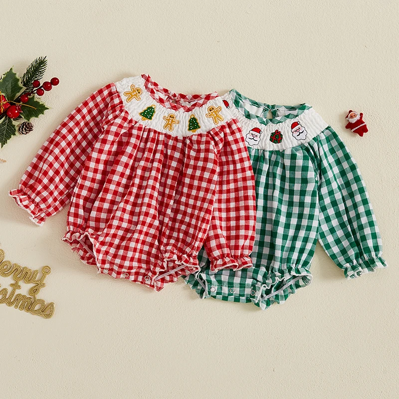 2024-08-21 Lioraitiin 0-3Y Baby Girl Boy Christmas Plaid Print Romper Crew Neck Long Sleeve Embroidery Bubble Jumpsuit