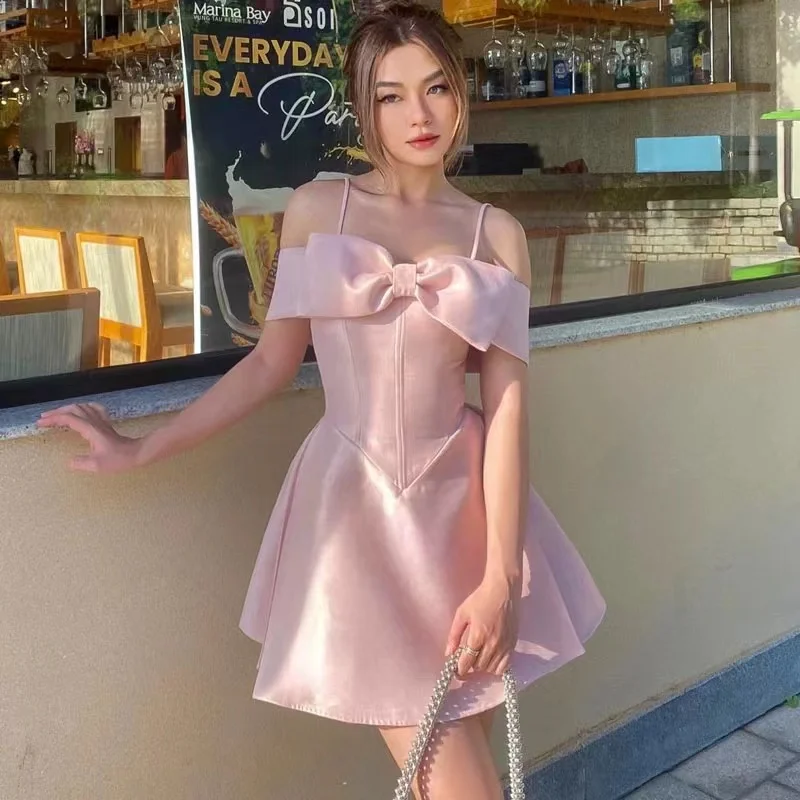 2024 Runway Summer 3D Bowknot Strapless Pink Short Dress Sexy Sweet Women Spaghetti Strap Slim Backless Prom Party Mini Dresses