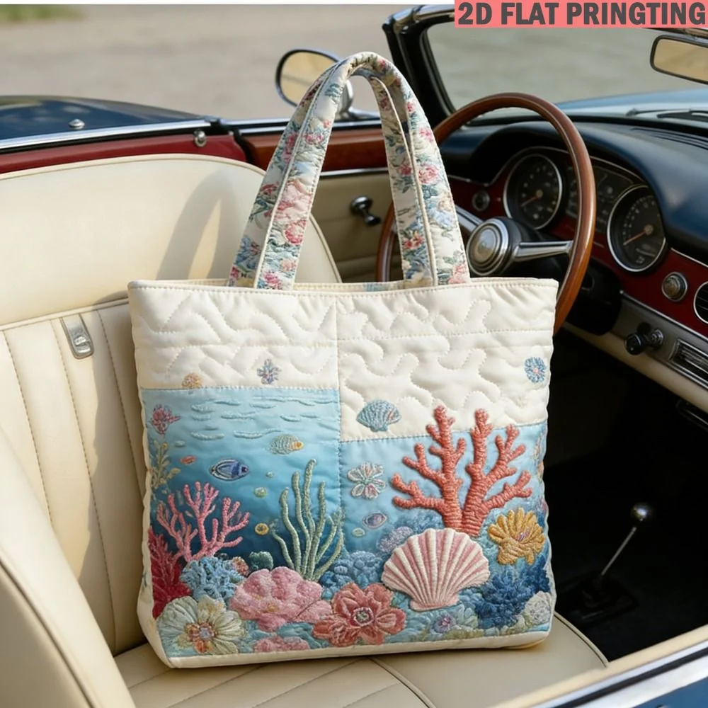 

1pc Women's Tote Bag with Ocean Waves Coral Seashells Flowers Fish Multi-Functional Large Capacity Quilted Bag, for book Laptop