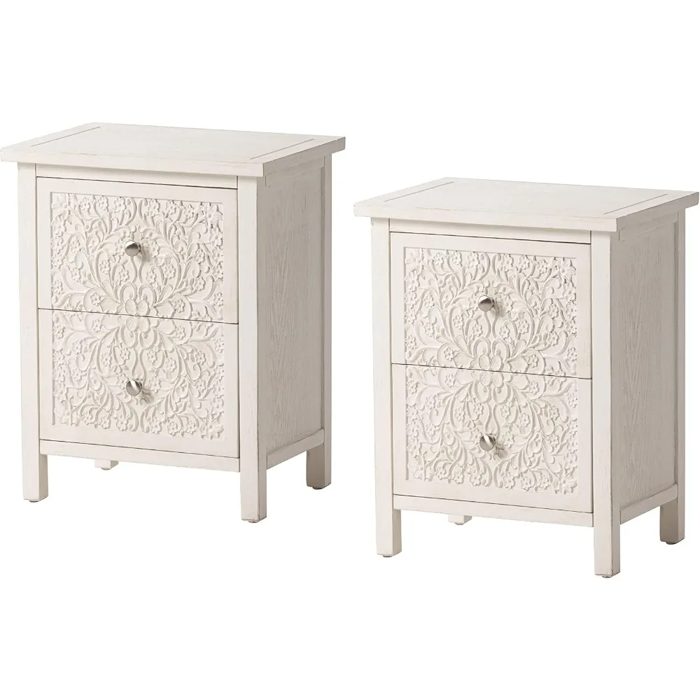 2 fully assembled bedside tables with 2 drawers, small space floral patterned coffee table, worn-out finish, white washed