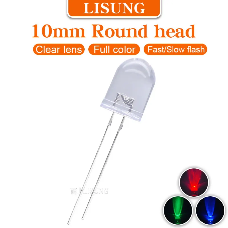 

250Pcs/Bag F10 10mm RGB Led 2 Legs Fast Slow Flashing Round Water Clear Lens Fullcolor Led Diode Lamp 2pins Through Hole