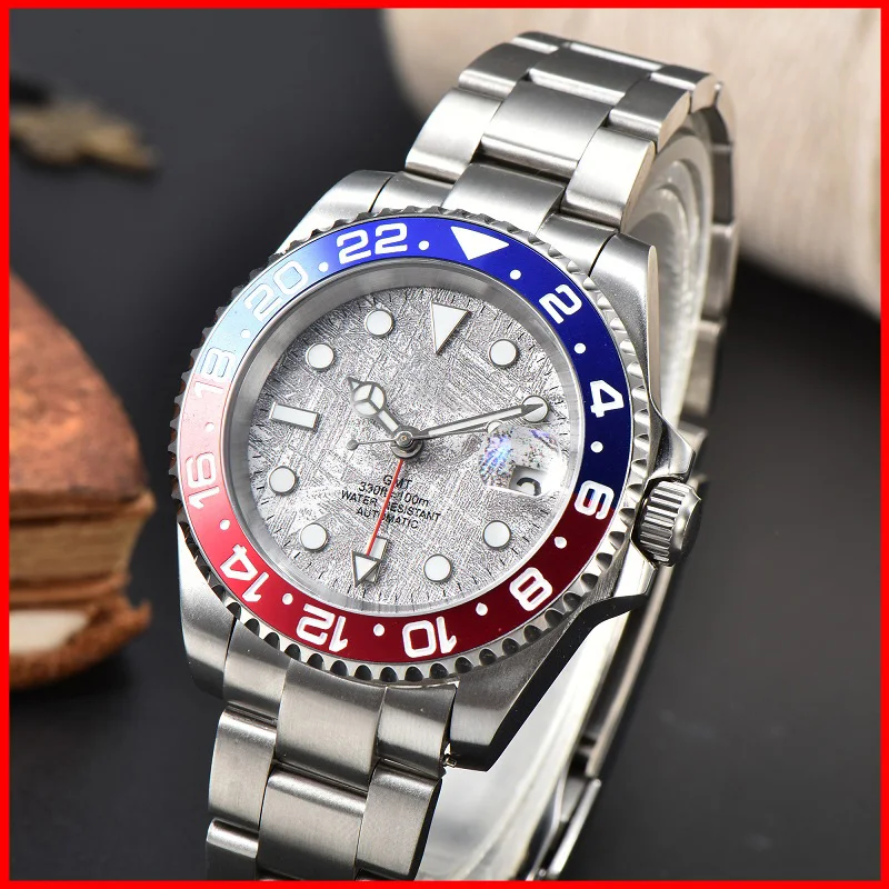 NH34 Movement 40mm Watch For Men Custom S Logo Multiple Time Zone Blue BGW9 Luminous Waterproof Automatic Meteorite Wristwatches