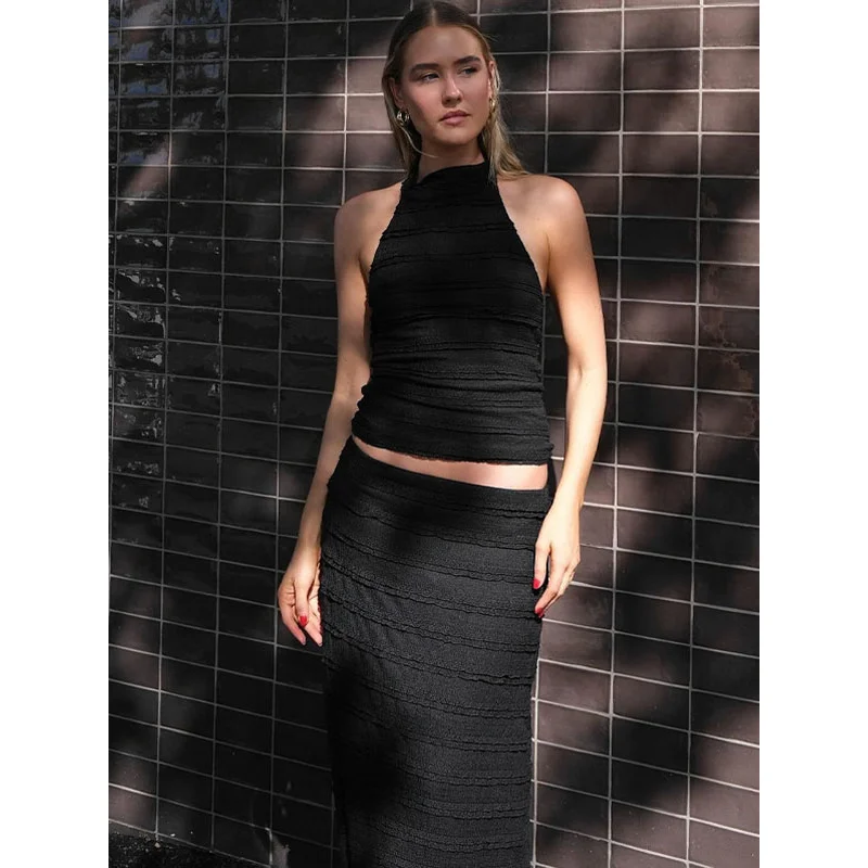 

BKQU Chic Ruffles Vacation Dress Suit Women Sexy Halter Backless Crop Top Hip Wrap Maxi Skirt Two Piece Set Summer Party Outfits