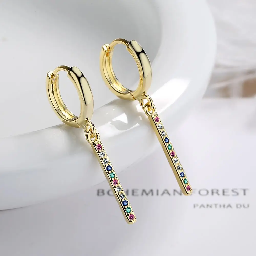 925 Sterling Silver Multicolor Zircon Bar Ear Buckle Rainbow Stick Hoop Earring Creole Huggies for Women Girl Party Fine Jewelry