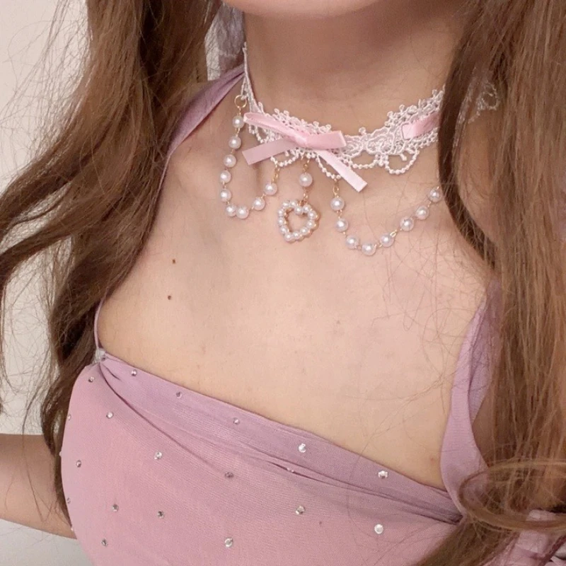 Sweet Lolita Style Lace Neckband with Bow Pearl Decor Cute Adjustable Necklace Choker Accessories Gifts for Women Party Dress Up