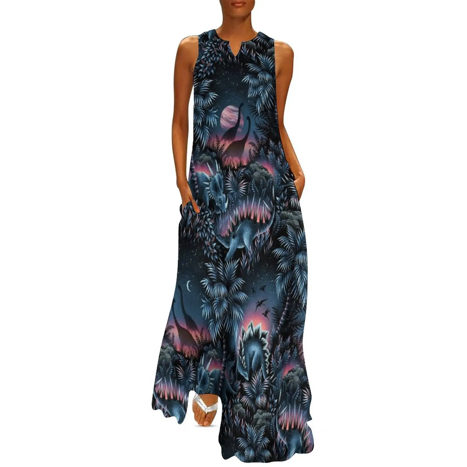 

Dinosaur Lagoon - Blue / Pink Long Dress clothes for women summer clothes for women african dresses for woman