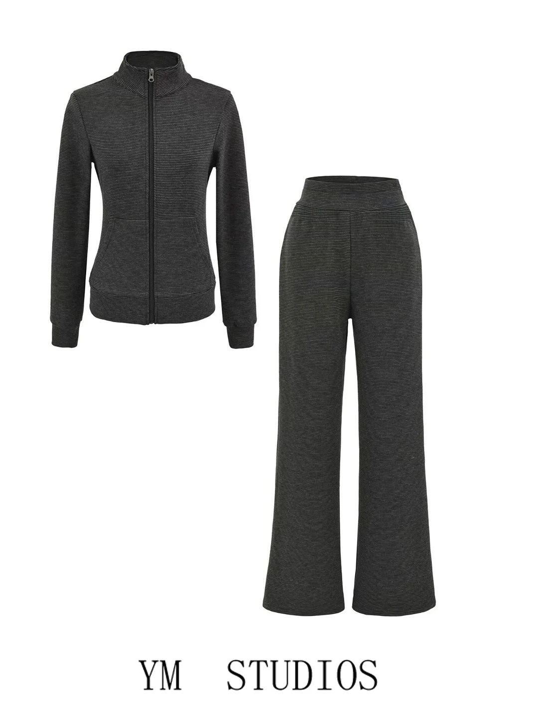 

Женский комплект в американском ретро-стиле: худи на молнии и брюки с высокой талией в полоску, модный осенний наряд с воротником-стойкой