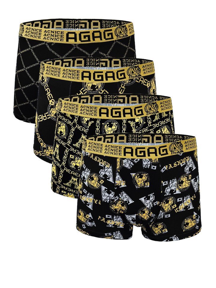  Men's 4-Pack Polyester Boxer Briefs - "AGAG" & "ACNICE" Logo Waistband, Artistic Print Underwear Set 