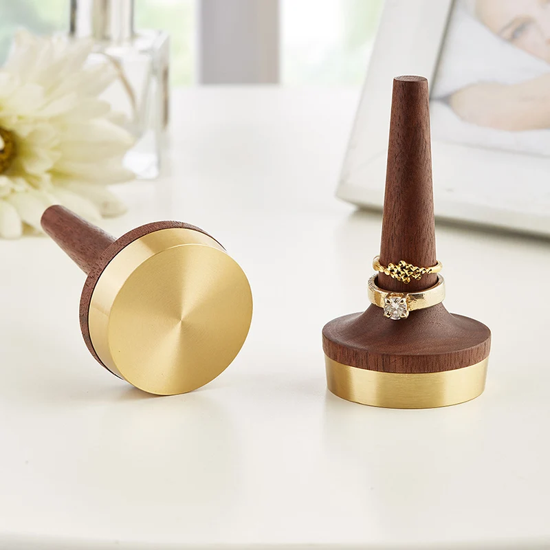 Jewelry Stand Wooden Black Walnut Brass Stereoscopic Cone Creative Design Wood Ring Holder Artistic Style Ring Display Stand