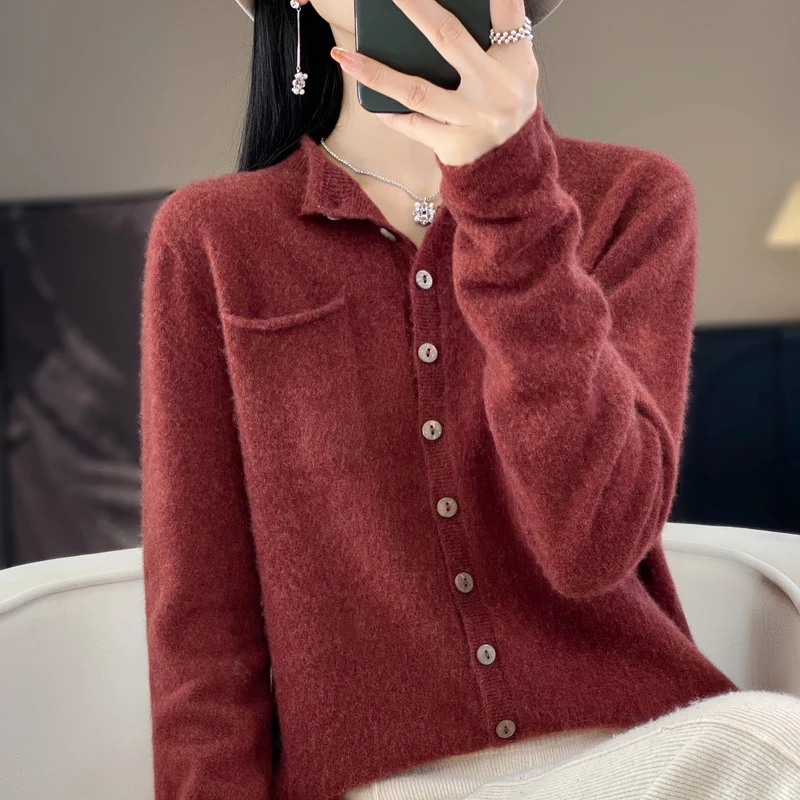 100% Merino wool Autumn/Winter new women's sweater crewneck Cardigan Fashion light luxury rolled edge pocket warm knit shirt