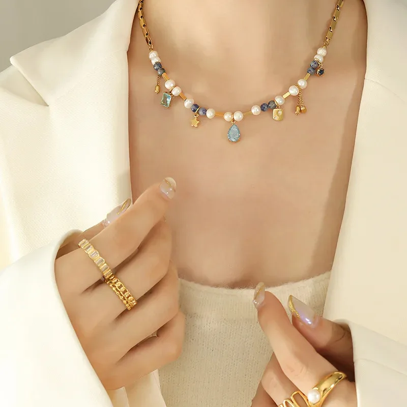 

YISON Freshwater Pearl Mixed Natural Stone Beads Necklace for Women 18k Gold Plated Stainless Steel Chain Necklaces Charm Choker