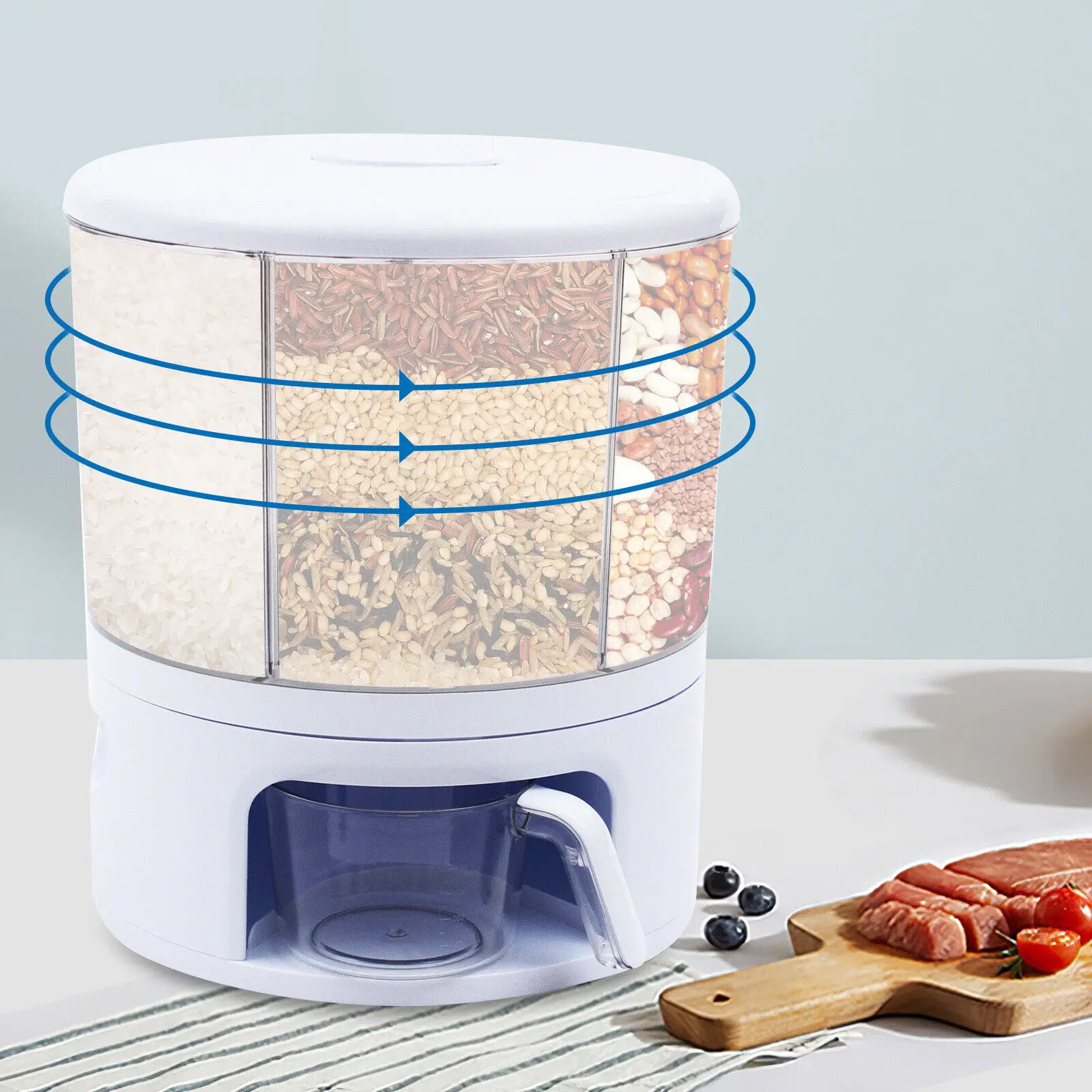 

6 in 1 Grain Storage Clear Container Rotating Food Cereal & Beans Dispenser Tank 360° Rotating Food Sealed Storage Container