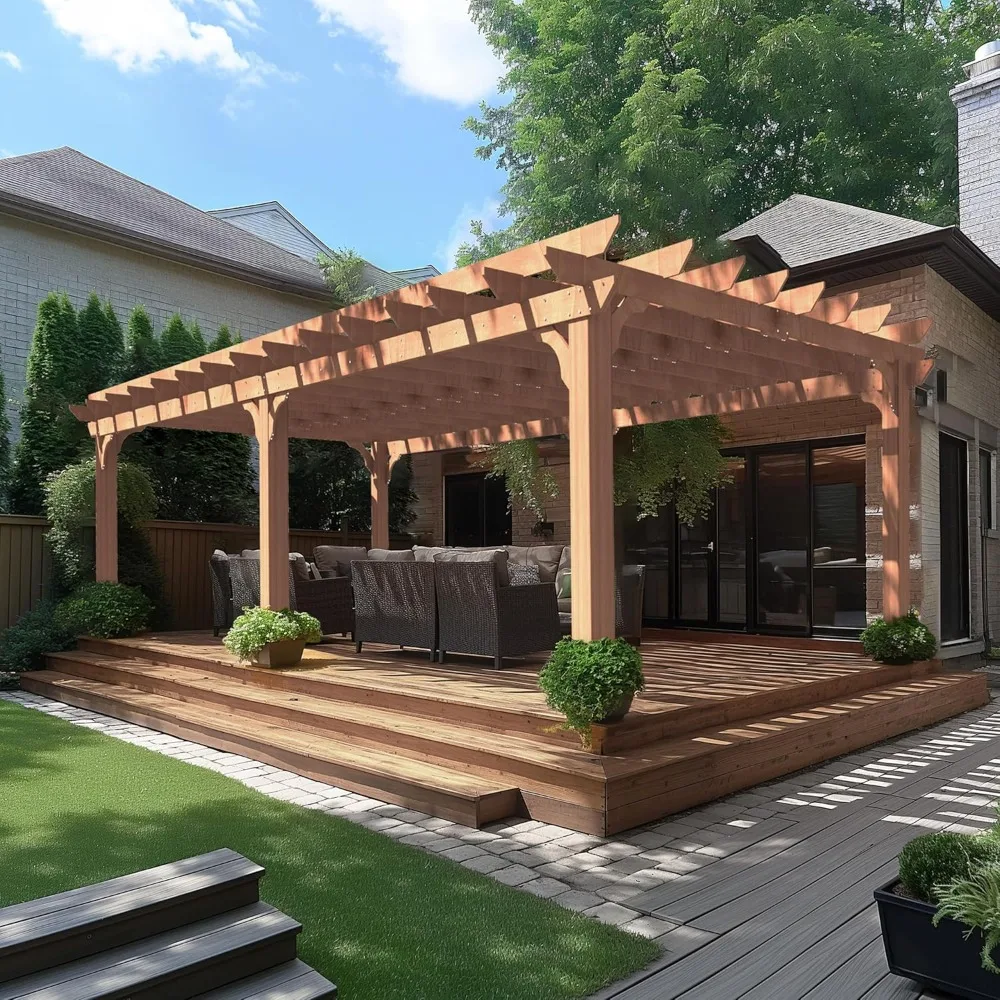 12x20 FT Cedar Wood Pergola, Outdoor Pergola with 5.5” Thick Snow Wind Support Structure, Pergola Kits with Stakes, Slatted