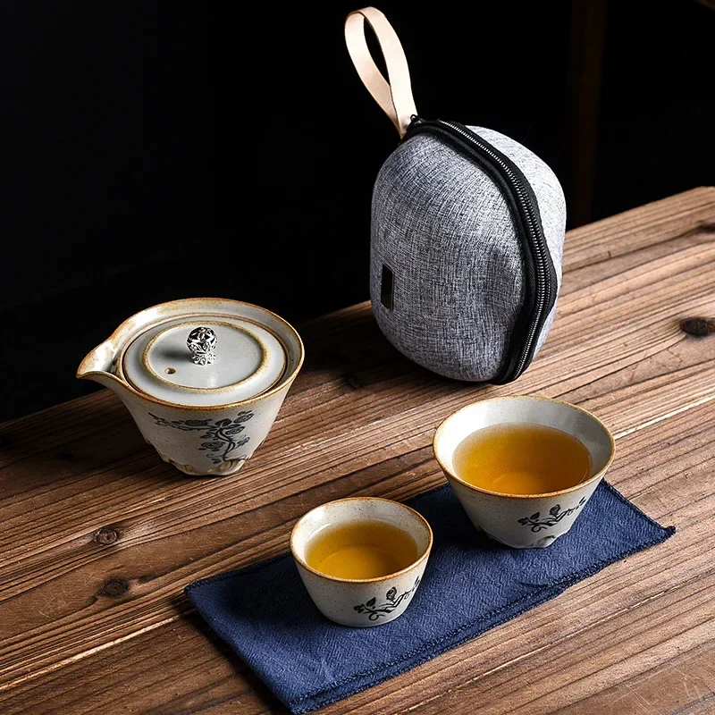 

Japanese-Style Travel Tea Set, Ivy Flower Ceramic Portable Teaware Sets with Carring Cases, Teapot, Home Outdoor Teawares