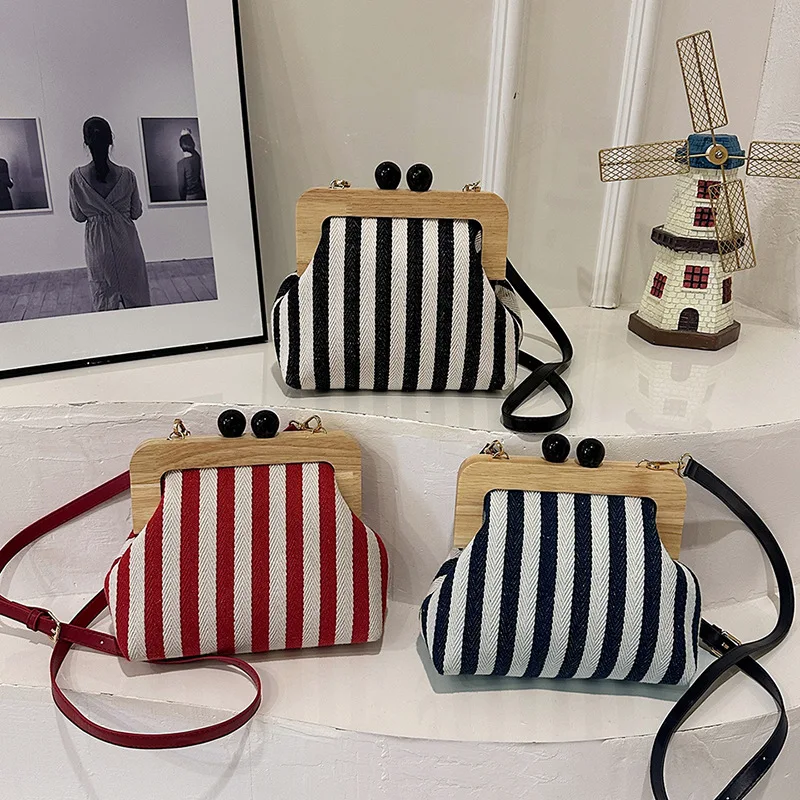 New Women's Striped Canvas Wooden Clip Handbag Fashionable Exquisite Crossbody Bag Splicing PU Shoulder Design Style Bag