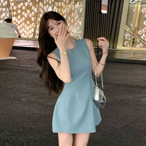 한국 우아한 조끼 드레스, 지적이고 심플한 민소매 원피스, 사무실 숙녀 기질 미니 원피스, 여성 의류, 여름 신상