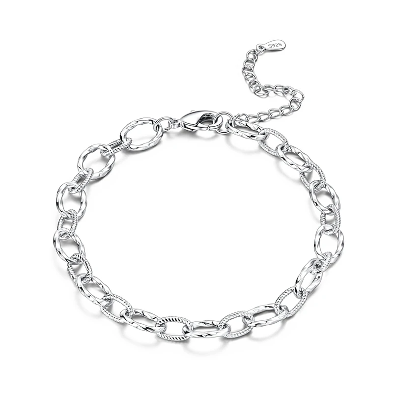 

New 925 Sterling Silver Elliptical Texture Charm Chain Link Buckle Adjustable Bracelet For Women Original Bangles Basic Jewelry