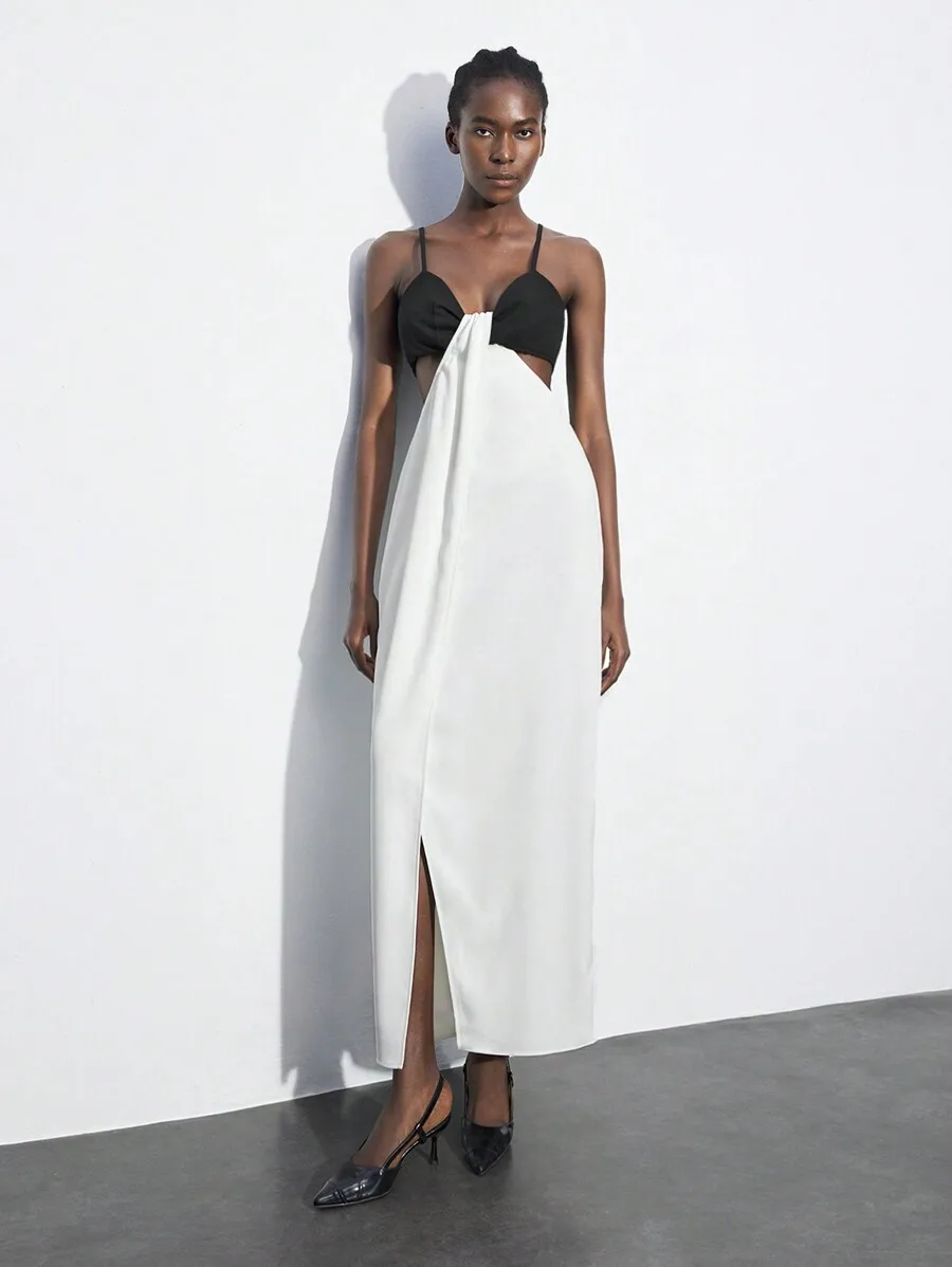 

Contrast Color Knot Detail Strap Dress For Women, Elegant Party Dress