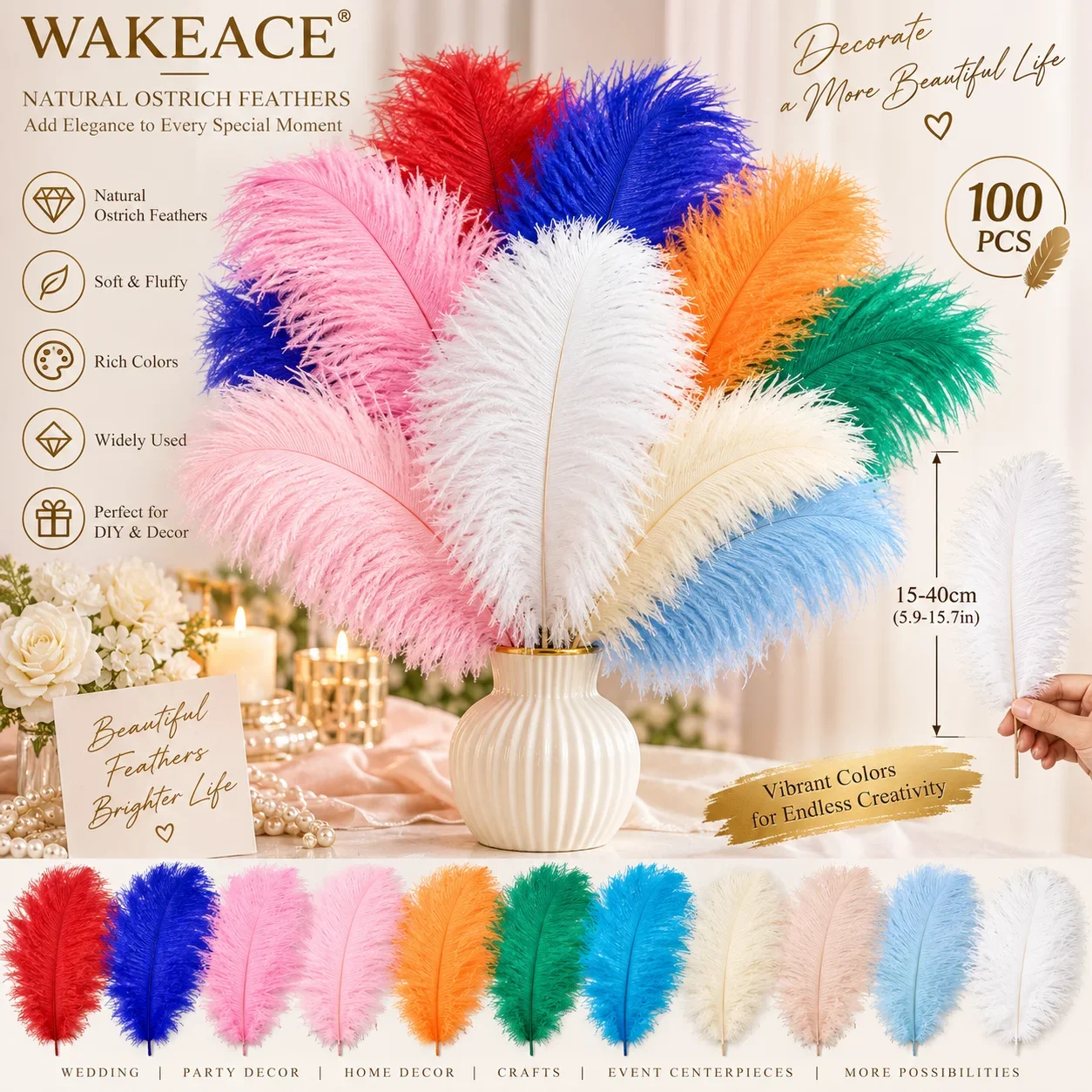 100Pcs Natural Ostrich Feathers 15-40cm Fluffy Colorful Feathers for DIY Crafts Wedding Table Centerpieces Party Decoration