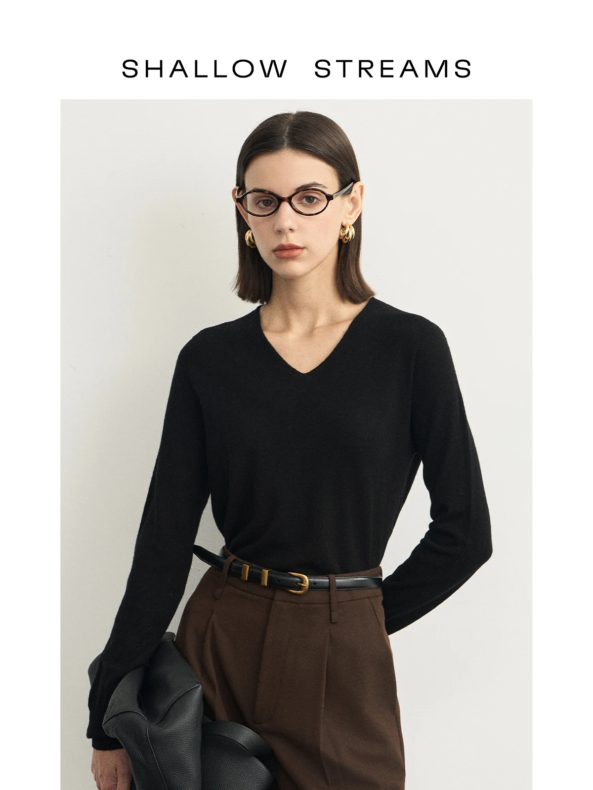 

Женский вязаный свитер Slow Strs из премиальной шерсти, черный, с V-образным вырезом, из мягкой гребенной пряжи, свободного кроя, с длинными рукавами, круглый вырез горловины