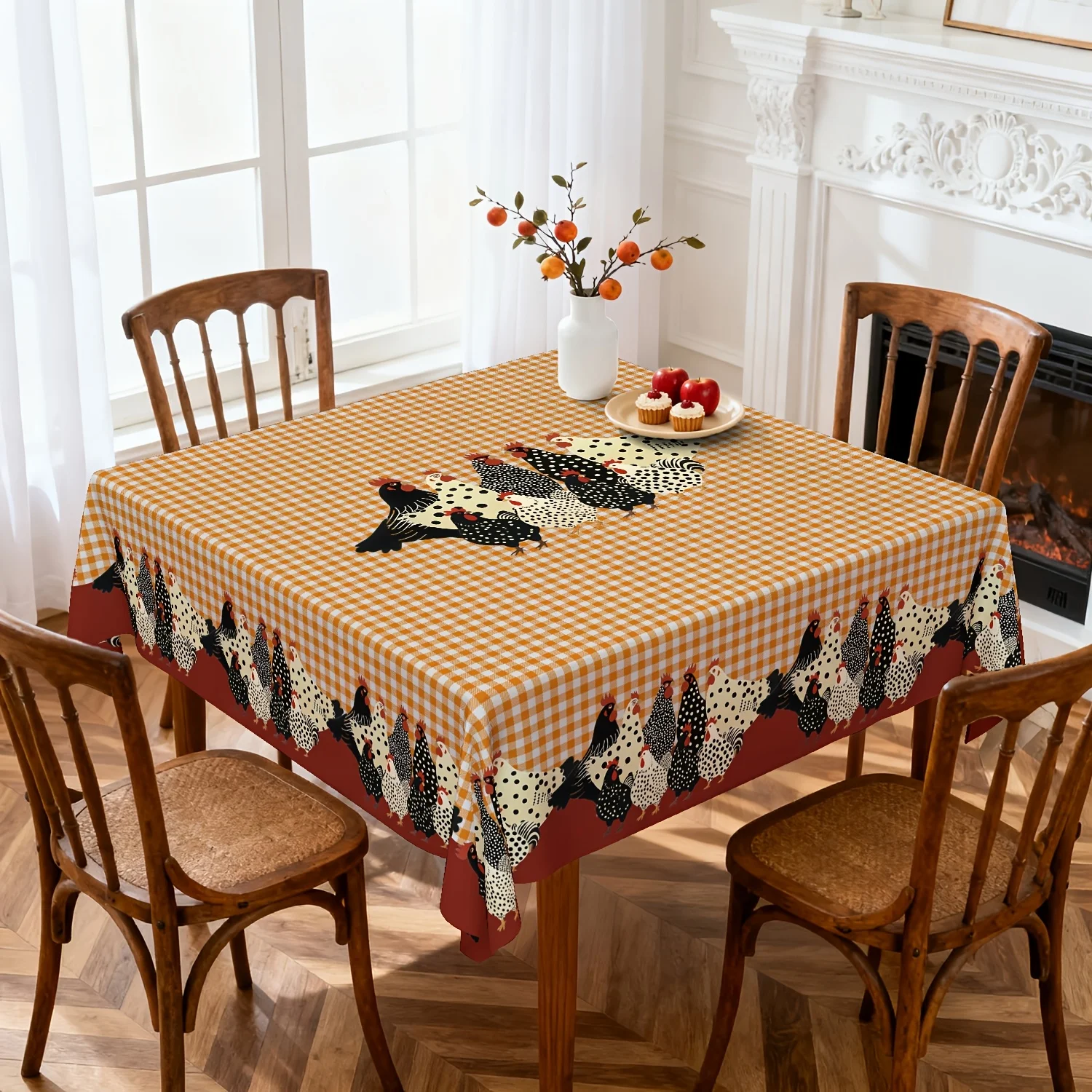 One farmhouse rooster and ginger ham tablecloth, featuring a unique rooster pattern on a red water buffalo background