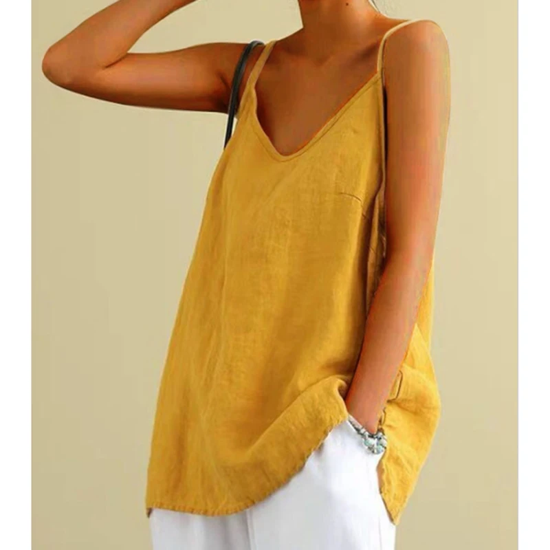 Damen Sommer-Top aus Baumwolle und Leinen, Spaghettiträger-Top, Damen Neckholder mit V-Ausschnitt, Einfarbiges Ärmelloses Tanktop, Locker Sitzendes Casual-Cami – Detail 4