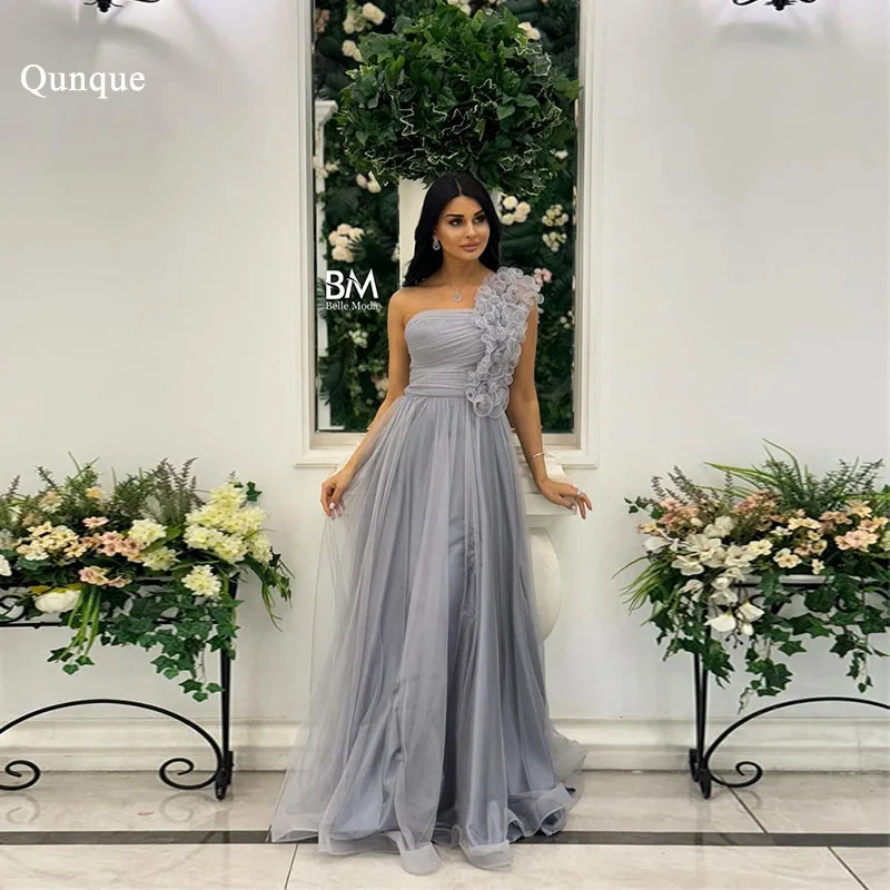 

Qunque Silver Tulle Party Dresses One Shoulder Pleat Robes De Soirée فساتين سهرة For Women Ruffles Sleeveless Prom Dresses 2024