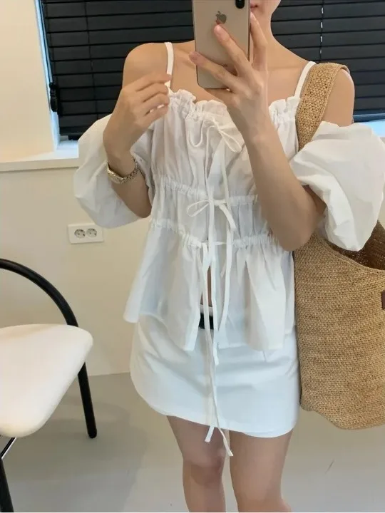 Faionable oulder Bared Belted irt Damen Sommer New Folded Bubble Sve Strap on Top Straight Tube Pure Color Commute