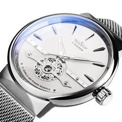 Fashion WINNER Mens Luminous Hands Engraved Movement Minimalist Tourbillon Automatic Mechanical Watches Mesh Steel Watch