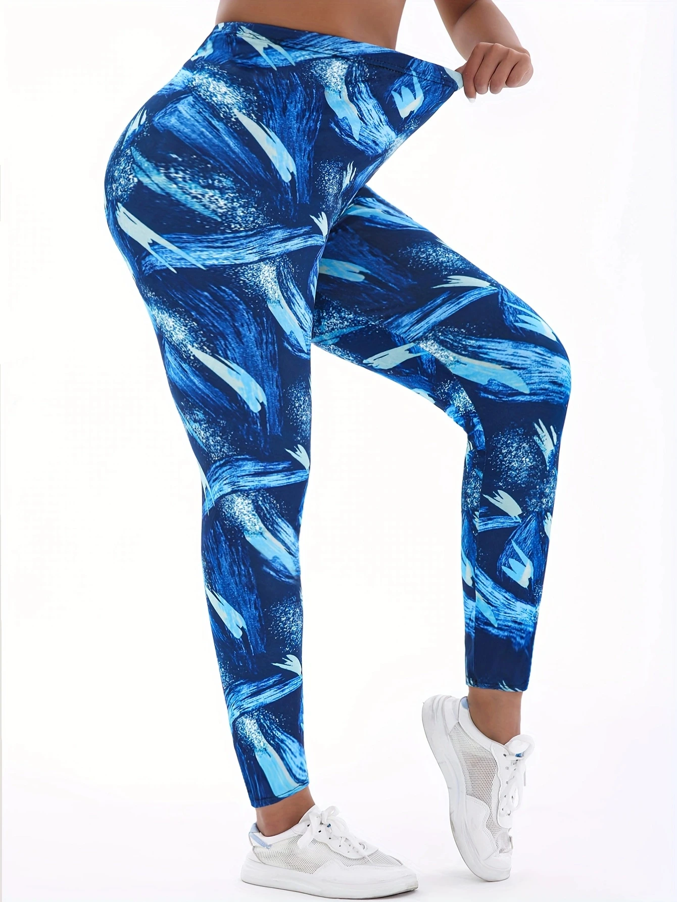 기하학적 캐주얼 타이트 핏 여성 바지, 블루 화이트 팬텀 프린트, 건강한 키에 적합한 스트레칭, 러닝 스포츠 운동
