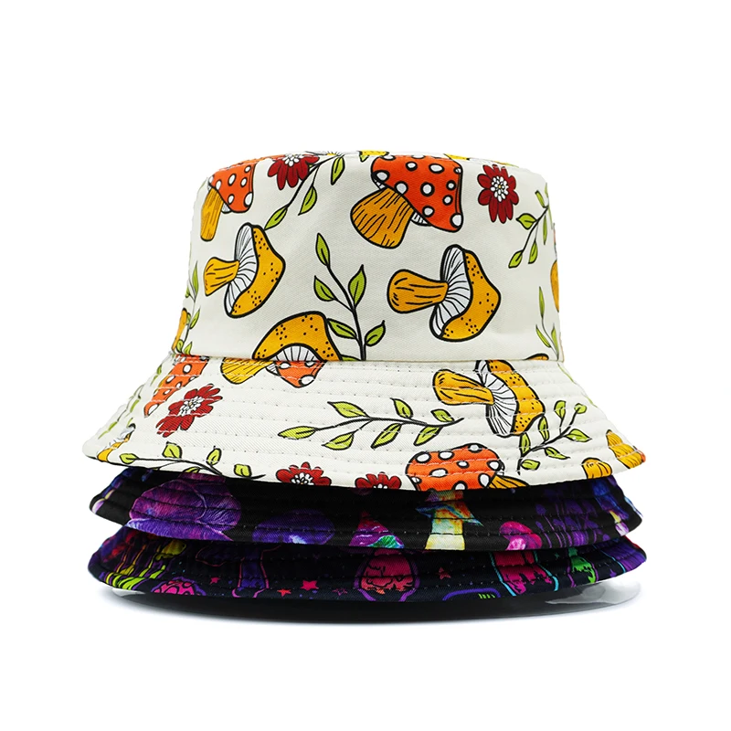 Bocca Cartoon Mushroom Printing Bucket Hat Colorful Pattern Fisherman Hats Double Sides Panama Cap Unisex Hot Selling New Style