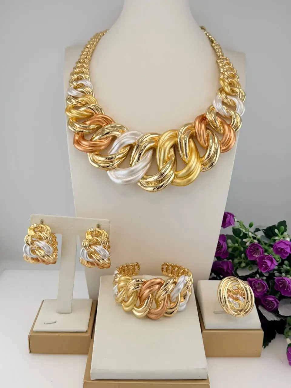 Simple Elegant Three Tone Chain Shape Italian Jewelry Fashion Necklace Brazalete Aretes Anillo 4PC Jewels Set for Wedding Party