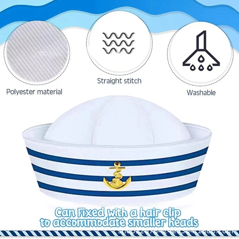 Sweet Girls Hat with Roll-up Brim Seafaring Hat with White&Blue Stripe Adult Teens Halloween Cosplay Hat