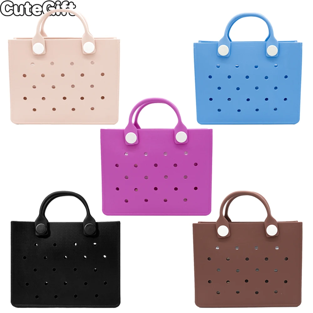 EVA Black Women Tote Bag with Hole Trendy Pink Handbag for Women Girls Waterproofing Tote Bag fit Charms Handbag for the Beach